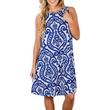Womens Crew Neck Printed Sleeveless Casual Tunic Tops Summer Swing Tee Shirt Dress with Pockets