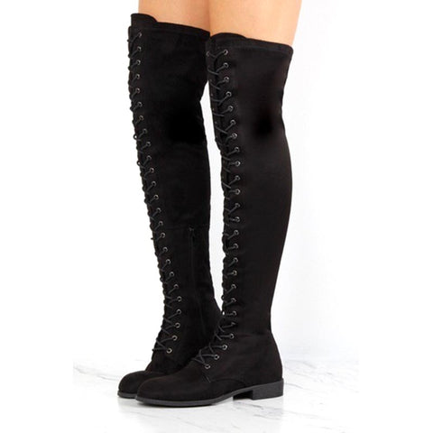 azmodo Black Suede Cross Strap Block Heel Thigh High Boots