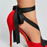 Women Red Lace-Up Pointed Toe Ankle Wrap Stiletto Heels