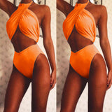 Women's swimwear European and American cross hanging neck solid color split swimsuit women