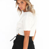 Pure color V-neck navel tying short-sleeved shirt