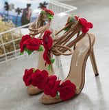 Sandals Red Roses Cross Lace High-Heeled Female Shoes