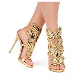 Strappy Stiletto Heel Dress Sandals hollow heel with colored leaf