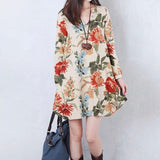 Spring large size women's V-neck loose cotton long-sleeved long temperament dress