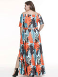azmodo Plus Size Off Shoulder Prints High Waist Split Maxi Dress