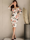 Off Shoulder White Printing Women's Bodycon Dress