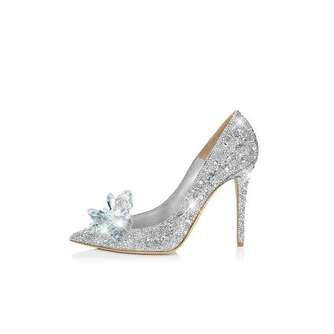 azmodo Glitter Silver Charming Point Toe Crystal Cinderella Wedding Shoes
