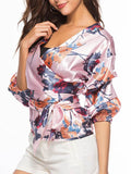 Puff Sleeve Floral Lace Up Women's Blouse