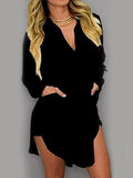 Turn Down Collar Patch Pocket Plain Shift Dress