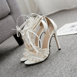 High heel ankle strap white lace women's shoes sandals