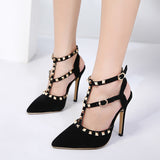 Sexy Hasp Rivet heels Female leather high-heeled pumps Stiletto heel 9 cm Pointed Toe Hollow Ventilation Shoes woman Rivet shoes