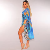 Feather leopard print chiffon blouse + sexy strap bikini split swimsuit suit women