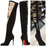 Women Fashion Comfy Suede Block Heel Slip on Thigh High Over The Knee Boot