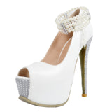 White Pearl Ankle Strap High Stiletto Heels