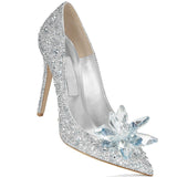 Glitter Silver Charming Point Toe Crystal Cinderella Wedding Prom Shoes