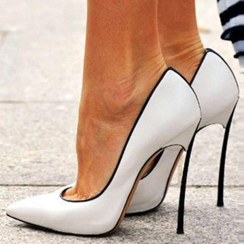 chic White Coppy Leather Pointed Toe Stiletto Heels