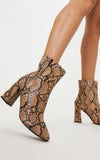 SNAKE ROUND TOE BLOCK HEEL ANKLE BOOT