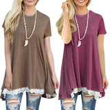 Short-sleeved round neck splicing lace T-shirt New blouse