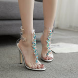 PVC Jelly Blue Crystal Sandals Open Toed High Heels Sexy Buckle Strap Women Sandals Pumps Silver size