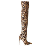 azmodo Leopard Pointed Toe Fashion Thigh High Boots