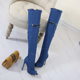 Denim Over the Knee Boots Peep Toe Pumps Woman Thigh Knee High heel Boots Shoes Plus Size my927-3GZ