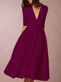 Sexy Deep V-Neck Solid Midi Skater Dress