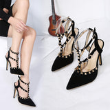 Sexy Hasp Rivet heels Female leather high-heeled pumps Stiletto heel 9 cm Pointed Toe Hollow Ventilation Shoes woman Rivet shoes