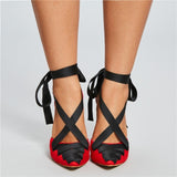 Women Red Lace-Up Pointed Toe Ankle Wrap Stiletto Heels