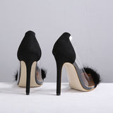 Rabbit Hair  High Heel Shoes Woman Pointed Toe Transparent Real Patent Leather Pumps Women Sexy Fur Shoes Party