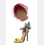 Multicolor Luxury Brand Wedding Dress Shoes Butterfly Party Shoes Sexy Sandals Color Black Blue Silver Open Toe High Thin Heelumps Purple Gold Beige