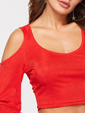 Cold Shoulder Scoop Neck Lantern Sleeve Women's Crop T-Shirt
