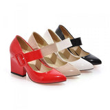 Women Shoes White Pointed Toe Pump High-Heeled Vintage Mary Jane  Thick Heel