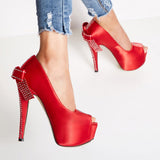 azmodo  Brilliant Red Back Bow & Rhinestone Bridal Shoes