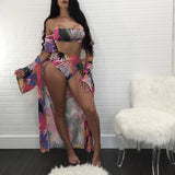 Women's Sexy Three Pieces Tops Bottoms and Floral Cover up Summer Beach Bikini Set Swimsuit