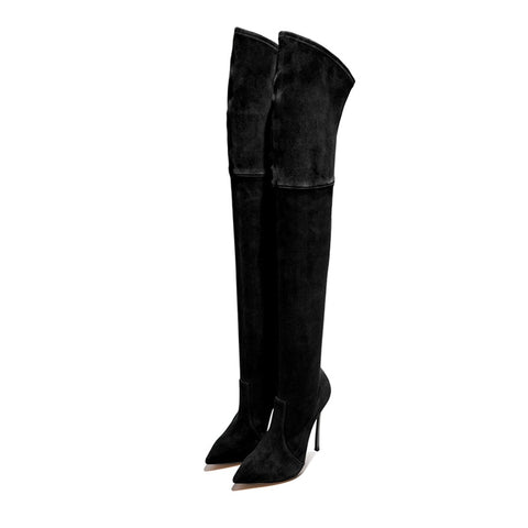 azmodo Suede Pointed Toe Stiletto Heel Thigh High Boots