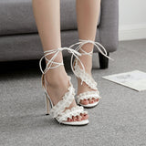 High heels ankle strap white lace women sandals