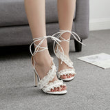 High heel ankle strap white lace women's shoes sandals