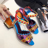 Thick with rivets mixed color sandals high-heeled with the first layer of leather shoes