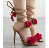 Sandals Red Roses Cross Lace High-Heeled Female Shoes