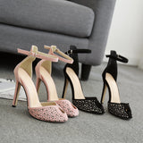 Nude pink rhinestone princess shoes high-heeled side empty word with women's shoes