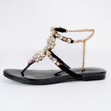 AZMODO  Women Rhinestones Chains Flat Sandals Crystal Plus Size Black Color