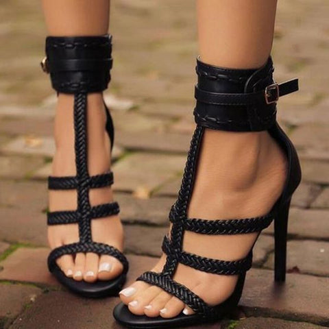 Black Open Toe Stiletto Heel Sandals