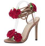 Sandals Red Roses Cross Lace High-Heeled Female Shoes