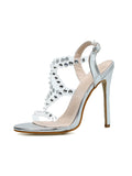 Women Wedding Party Shoes Fashion PVC Transparent Crystal Rhinestone Slides Sandals Ankle Buckle Strap Stiletto Heels