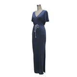 Solid color dress V-neck waist slit pencil dress