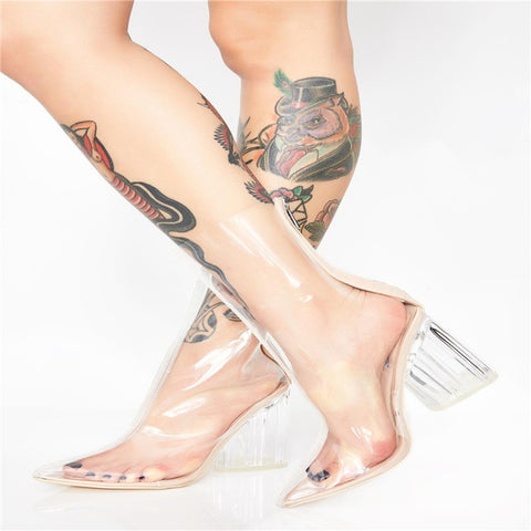 New Women Fashion Peep Toe High Heels Sandals Boots Shoes Woman Party Wedding Transparent Crystal Square Heel Boots