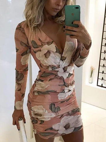 Floral Print Long Sleeve Ruched Bodycon Dress