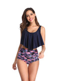 Women's Swimsuit Two Piece Bathing Suits Ruffled Flounce Top Printed High Waisted Bottom Tankini Set