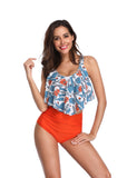 Women's Swimsuit Two Piece Bathing Suits Ruffled Flounce Top Printed High Waisted Bottom Tankini Set