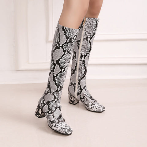 Winter new knight boots thick with medium square zipper sexy snake pattern women's boots